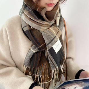新款 千鸟格时尚仿羊绒女款百搭格子围巾韩国流苏保暖图案大披肩