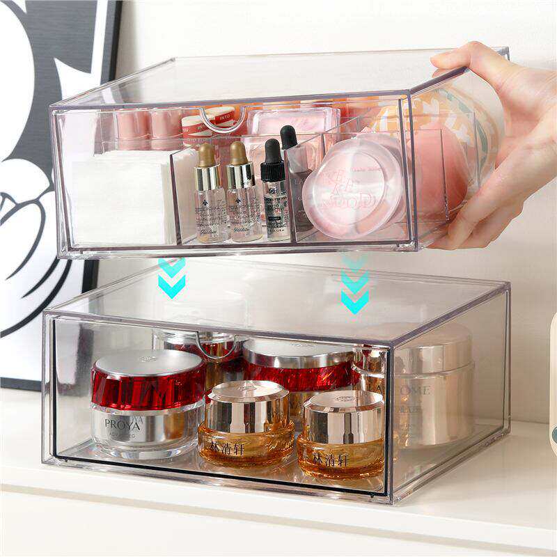 新款桌面收纳盒抽屉式亚克力透明书桌上文具化妆品置物架办公室整