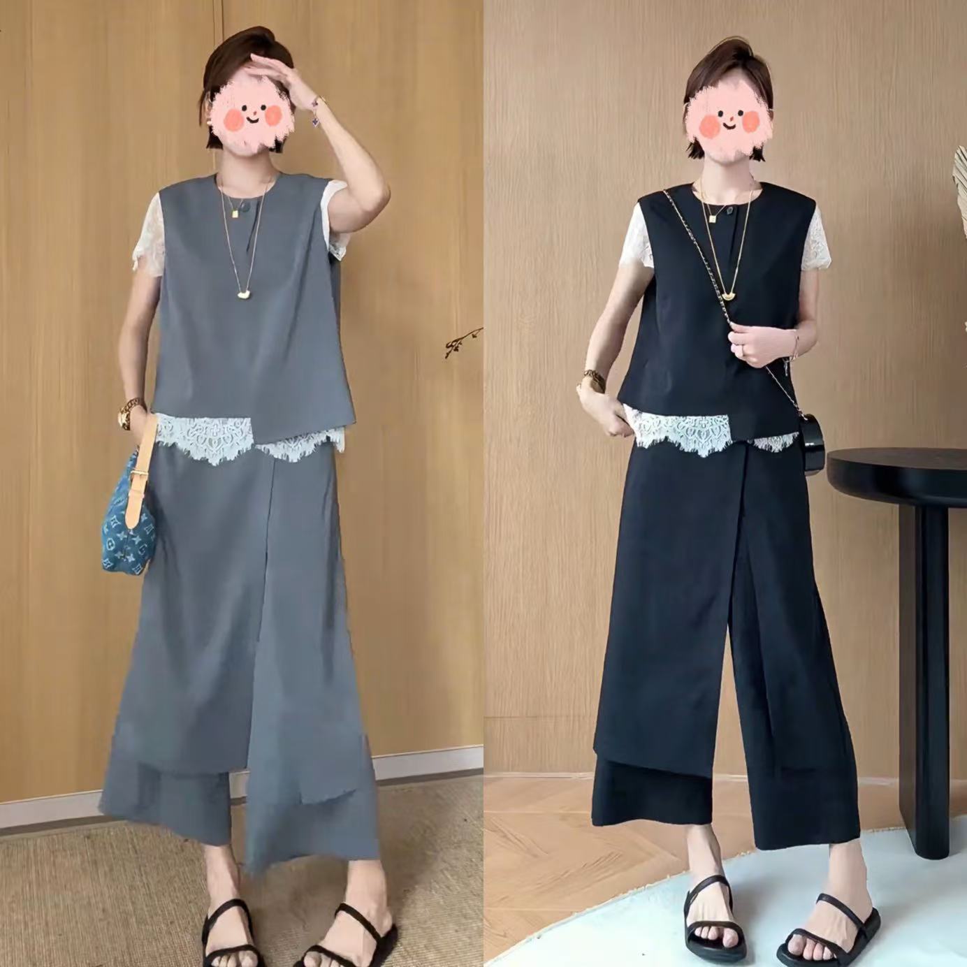 2026夏季新款时尚百搭蕾丝短袖马甲背心显瘦阔腿裤三件套装女8931