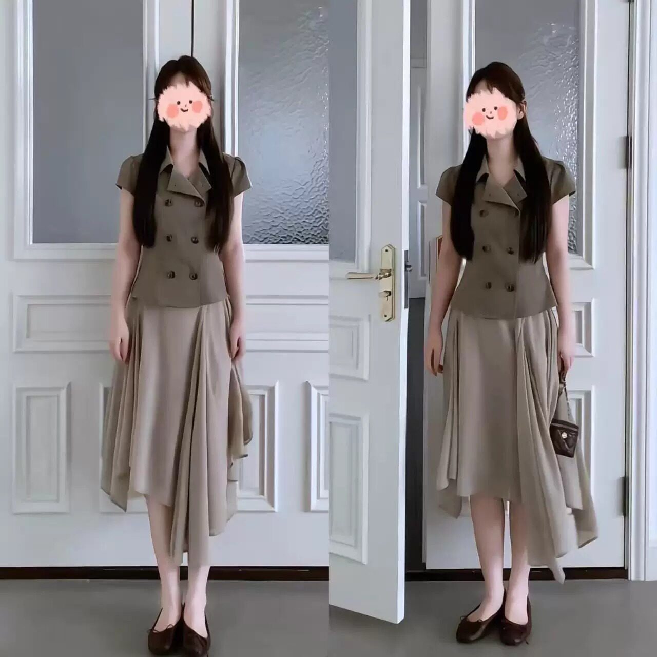 夏季翻领双排扣高腰长裙套装女