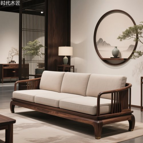 新中式白蜡木实木沙发直排三人位