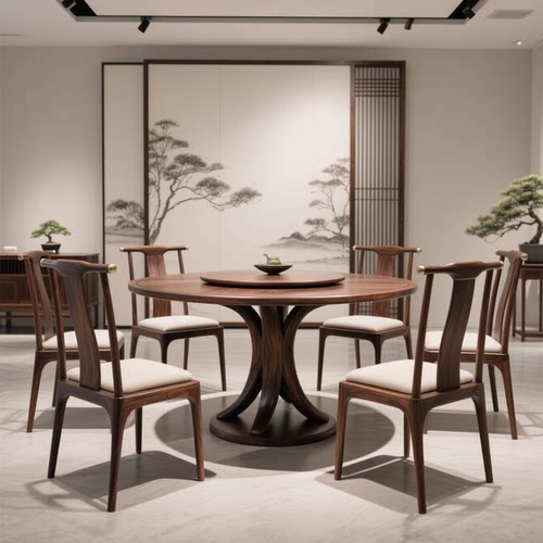 圆形大餐桌北美黑胡桃原木餐桌椅岩板实木转盘小户型圆桌意式简约