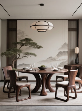 圆形大餐桌北美黑胡桃原木餐桌椅岩板实木转盘小户型圆桌意式简约