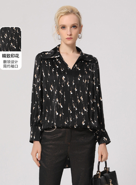 阿丹娜春秋女装黑色印花翻领半开襟衬衫长袖上衣气质LRS218POH0