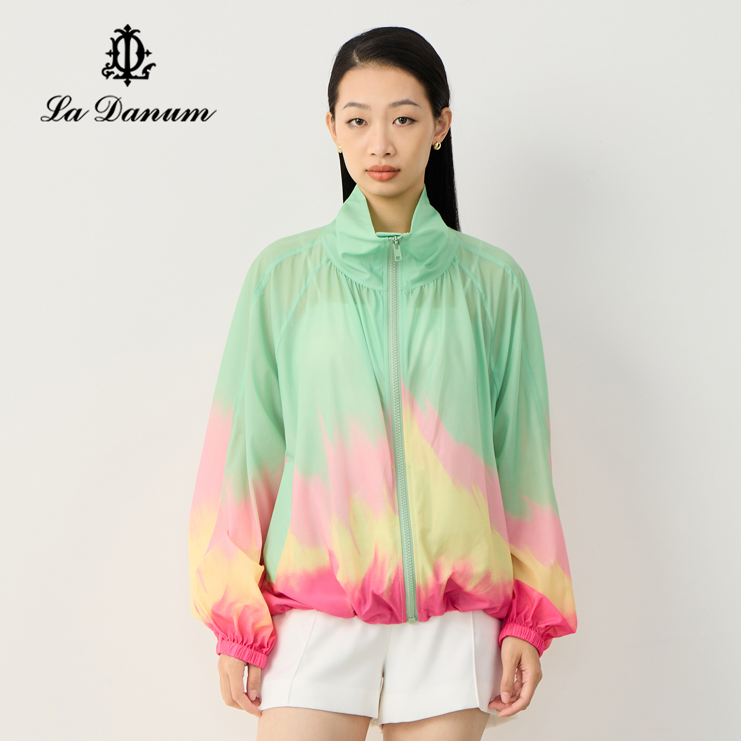 阿丹娜撞色印花立领宽松外套