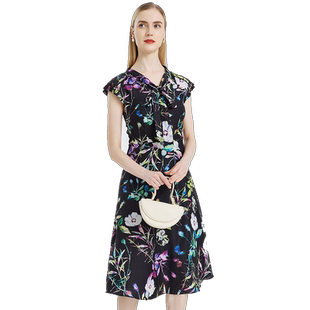阿丹娜女装夏季系带领印花连衣裙子短袖收腰设计感气质度假休闲