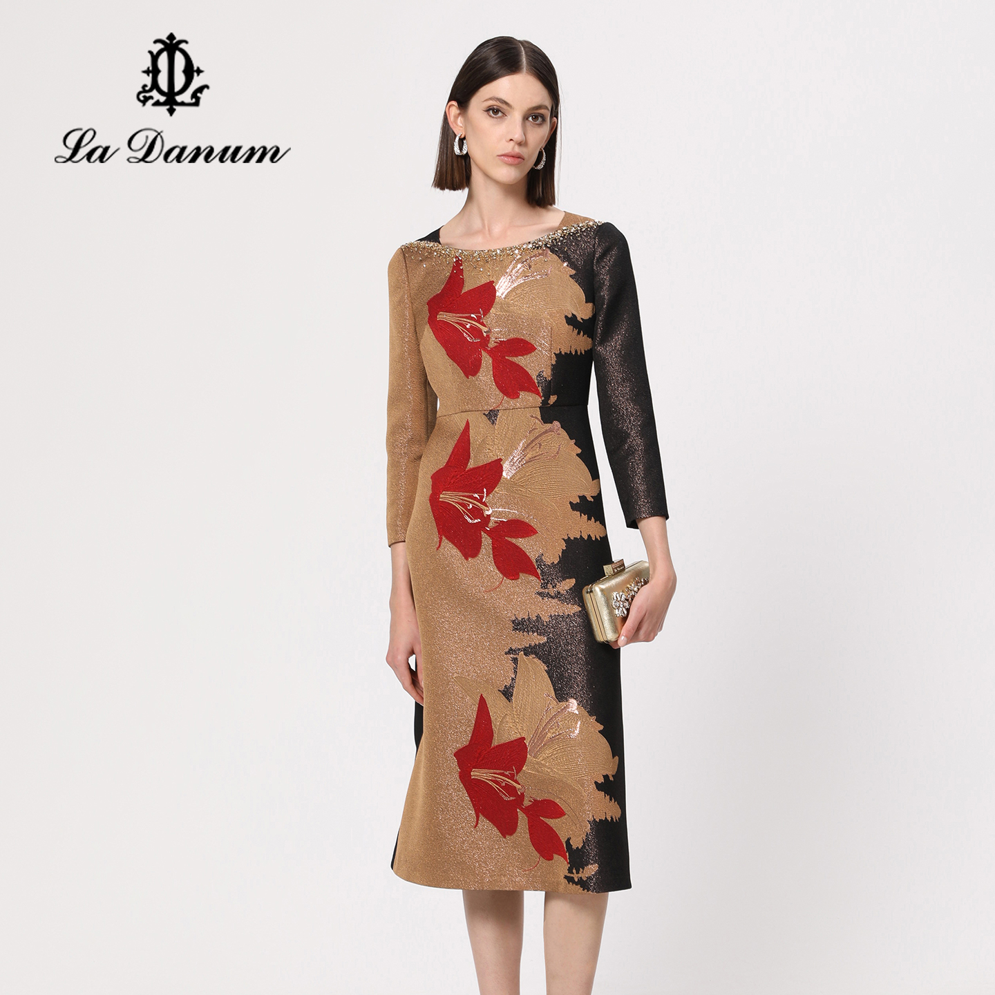 阿丹娜阿丹娜提花钉珠连衣裙