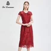 阿丹娜夏季 气质流行 连衣裙子淑女装 绣花镂空网纱花边摆修身 半袖