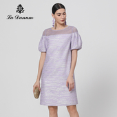 新款 女装 紫色提花连衣裙子烫钻泡泡袖 阿丹娜夏季 官方旗舰店正品