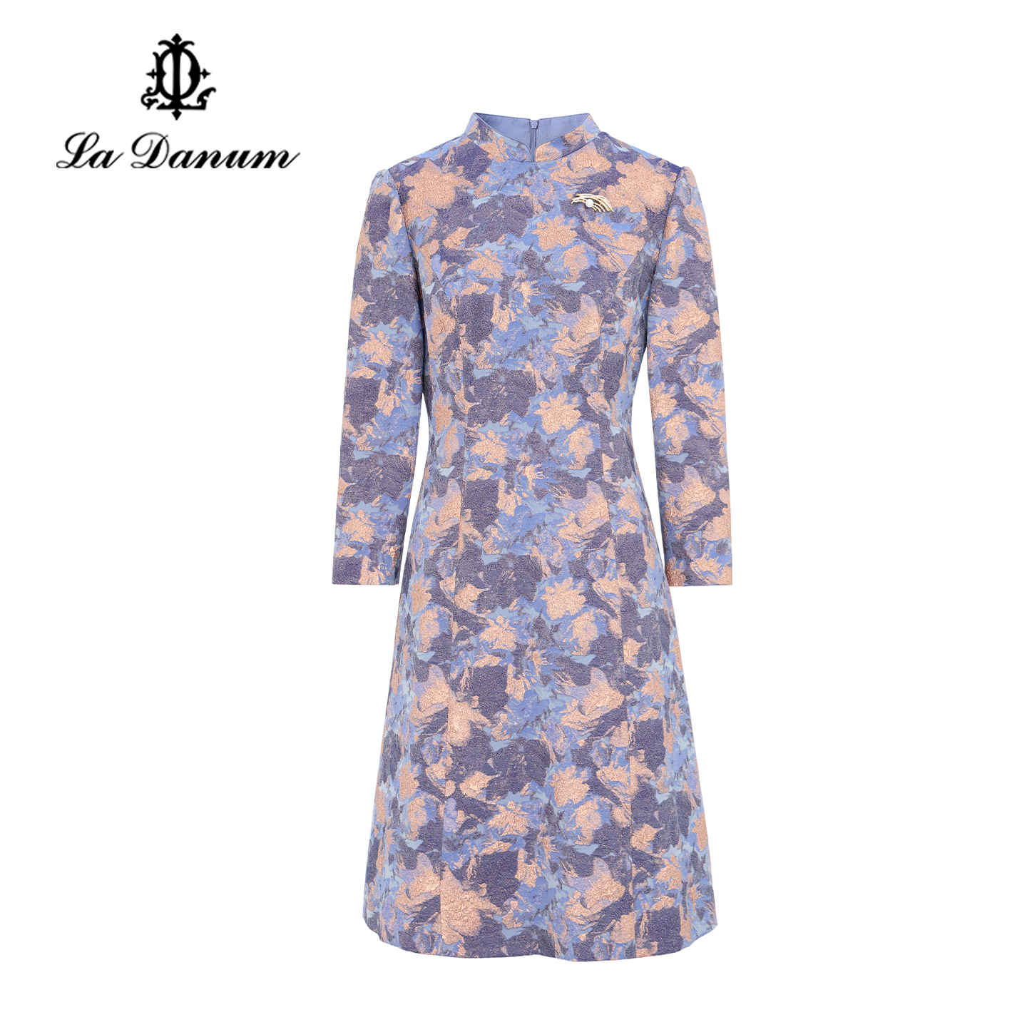 阿丹娜蓝色闪葱提花立领连衣裙