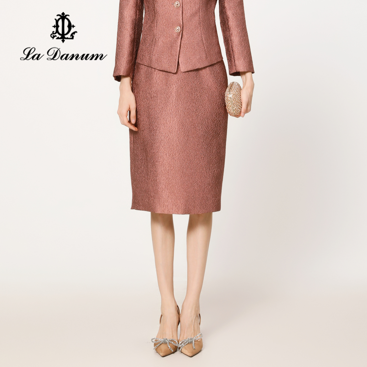 阿丹娜粉色闪葱肌理感直筒半裙