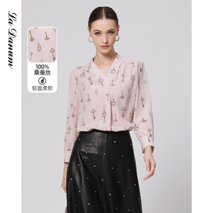 百搭女装 阿丹娜夏季 时尚 粉色桑蚕丝印花V领上衣宽松衬衫 衬衣长袖