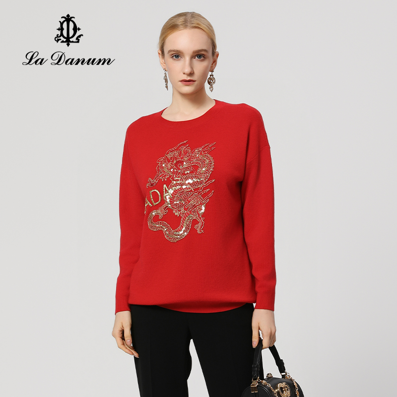 阿丹娜红色绵羊毛龙刺绣针织衫