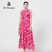 阿丹娜夏季 官方旗舰店正品 新款 粉色桑蚕丝印花连衣裙子长裙女装