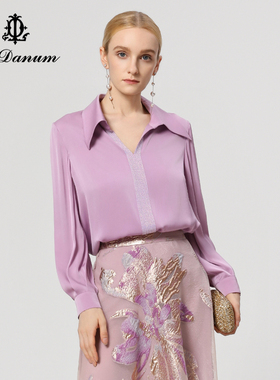 阿丹娜春秋新款紫色桑蚕丝烫钻衬衫衬衣长袖上衣女装时尚官方正品
