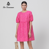 阿丹娜夏季 花苞官方旗舰店正品 新款 玫粉提花连衣裙子高腰泡泡袖