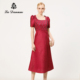 秋冬新款 阿丹娜红色钉珠提花连衣裙子收腰方领礼裙官方旗舰店正品