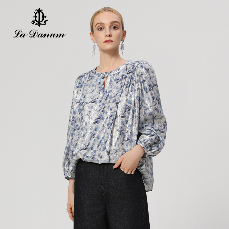 阿丹娜蓝色闪葱印花长袖上衣