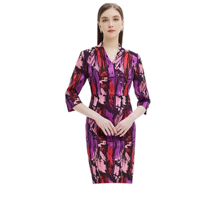 阿丹娜女装夏季知性典雅V领印花收腰五分袖长款连衣裙子气质流行