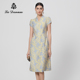 阿丹娜春夏新款 官方正品 黄色闪葱提花连衣裙子V领收腰短袖 女装