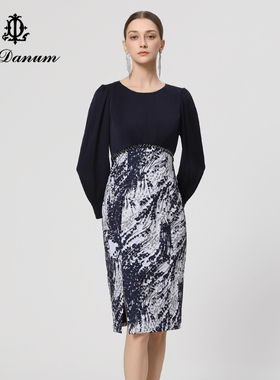 阿丹娜春秋新款蓝色印花拼接连衣裙子钉珠长袖修身女装官方正品