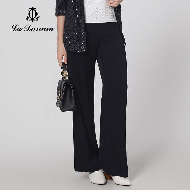 阿丹娜蓝色醋纤混纺直筒西裤