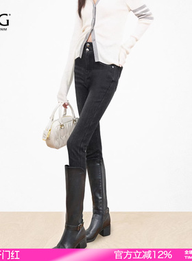 SJOG巨保暖！厚绒黑色靴裤高腰提臀牛仔裤女九分紧身小脚裤铅笔裤