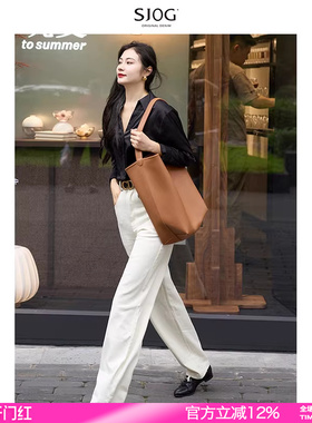 SJOG米白色窄版直筒牛仔裤女春2024新款高腰高个子高端烟管阔腿裤