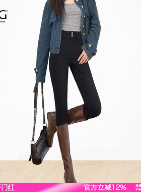 SJOG黑色加绒紧身小脚提臀牛仔裤弹力修身显瘦九分高腰铅笔裤子