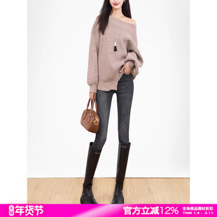 SJOG烟灰色加绒高腰牛仔裤女紧身小脚2025冬显瘦提臀靴裤铅笔裤子