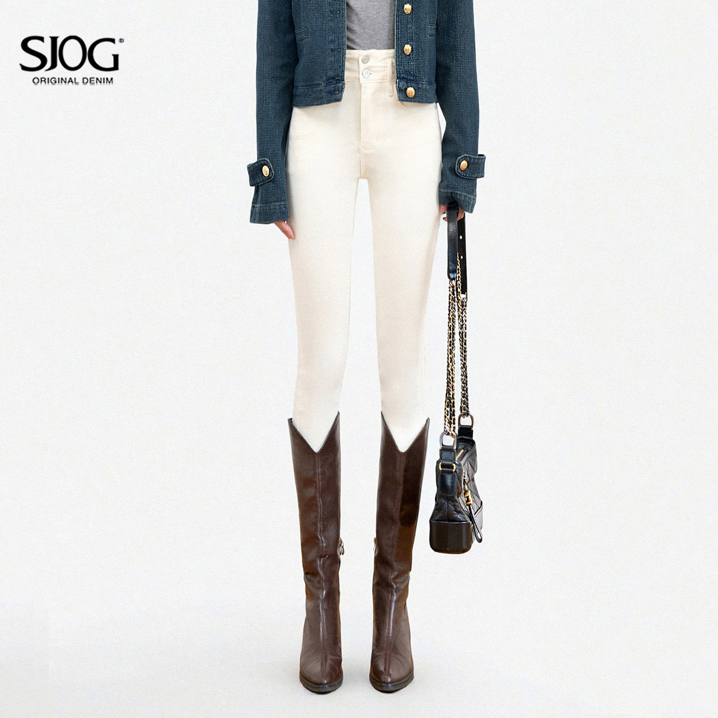 SJOG塑形不褶皱！白色靴裤提臀牛仔裤女加绒秋冬九分紧身小脚裤女