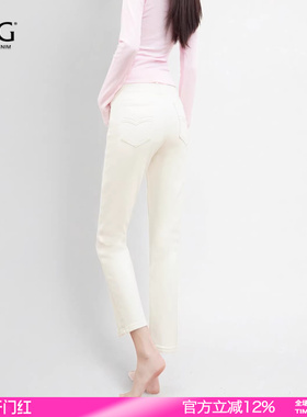 SJOG筷子腿版型！白色直筒牛仔裤女高腰显瘦冬季薄绒窄版烟管裤