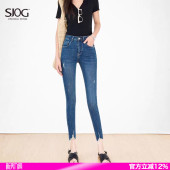小脚裤 SJOG舒弹面料 修身 女秋季 深蓝显瘦高弹紧身破洞九分牛仔裤
