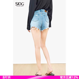 女夏破洞毛边薄显瘦A字热裤 辣妹高腰牛仔短裤 美式 SJOG显腿长