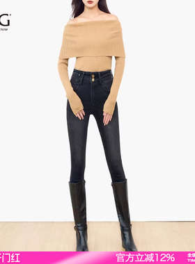 SJOG显瘦不堆叠！加绒靴裤提臀黑色牛仔裤女九分紧身小脚裤铅笔裤