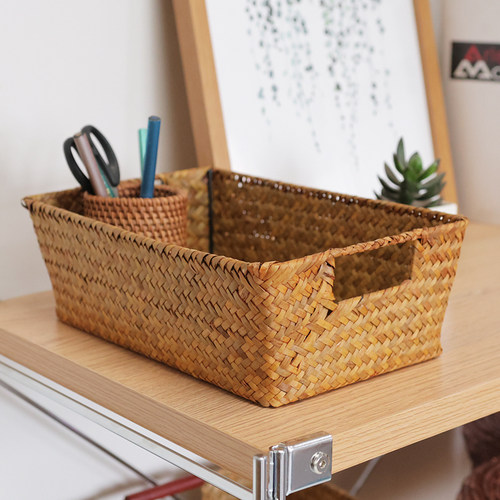 手艺创艺竹编收纳筐置物筐桌面杂物篮梯形抽屉式编织收纳篮草编篮