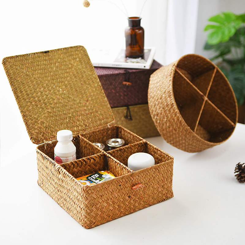 海草编带盖四格礼盒桌面收纳箱藤编茶具收纳盒竹编盒子分格储物箱