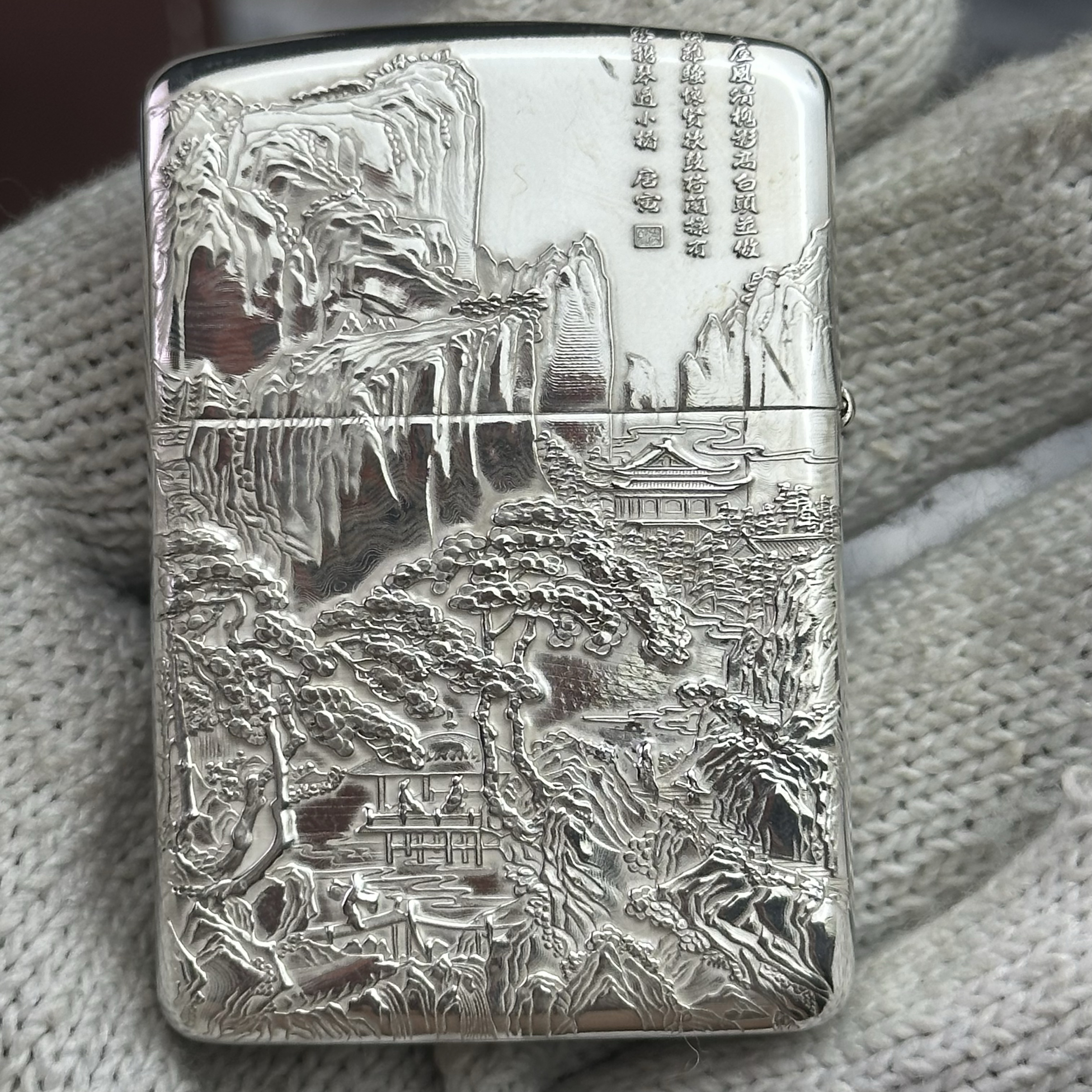 999纯银铠甲煤油打火机山水之间俩面精雕3D立体浮雕送礼收藏把玩