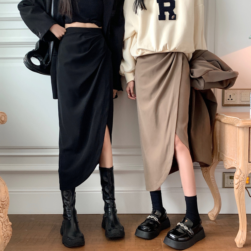 大码过膝褶皱开叉高腰垂感半身裙