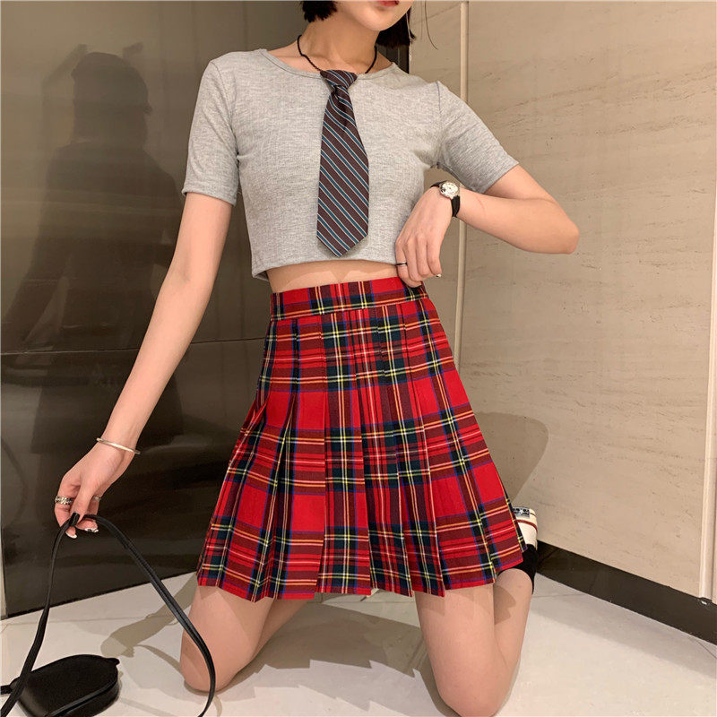 大码格子半身裙百褶裙a字胖mmbm