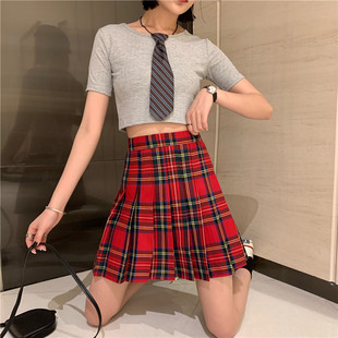 裙bm格子裙夏 显瘦胖mm防走光短裙裤 大码 格子半身裙百褶裙高腰a字