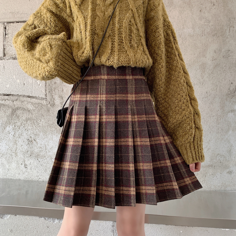 格子大码胖mm高腰显瘦毛呢半身裙