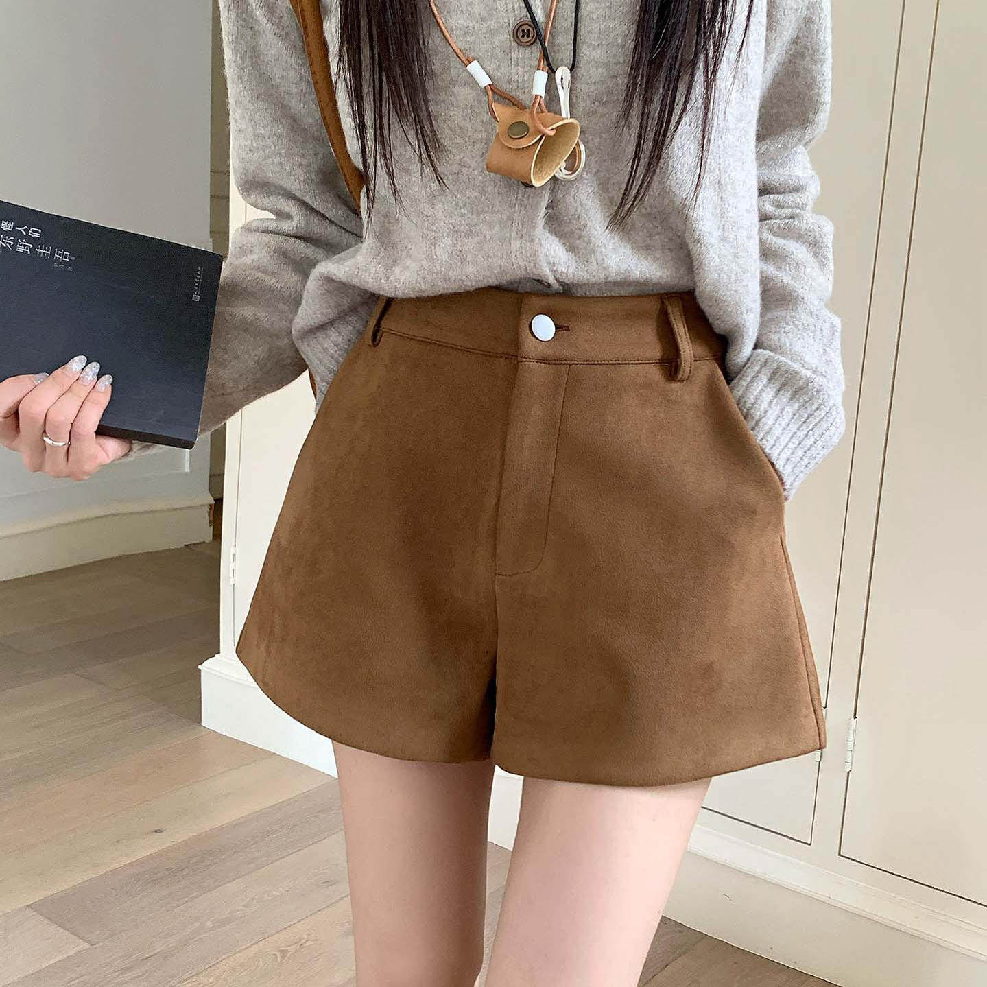 大码鹿皮绒短裤女2025秋冬新款高腰显瘦a字阔腿裤百搭休闲靴裤子,女装/女士精品,休闲裤,淘宝优惠券,粉丝福利购,淘宝优惠卷