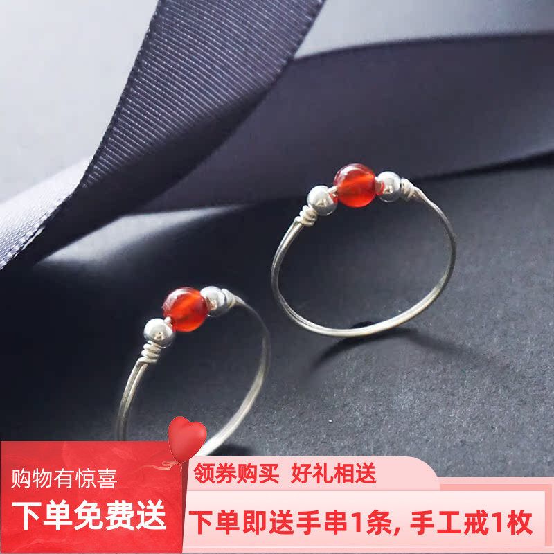 【招财】999足银手工戒指女红玛瑙招财胖手大号细款小指简约尾戒