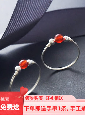 【招财】999足银手工戒指女红玛瑙招财胖手大号细款小指简约尾戒