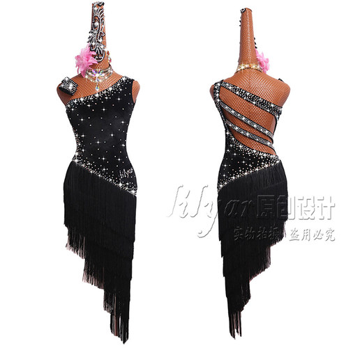 佳汇欣黑色丝绒斜肩流苏裙拉丁舞