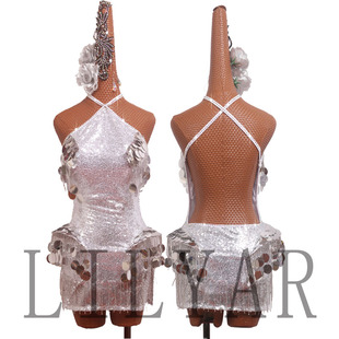 新款拉丁舞比赛服花服银色亮片闪钻珠管流苏成人儿童舞服定制女