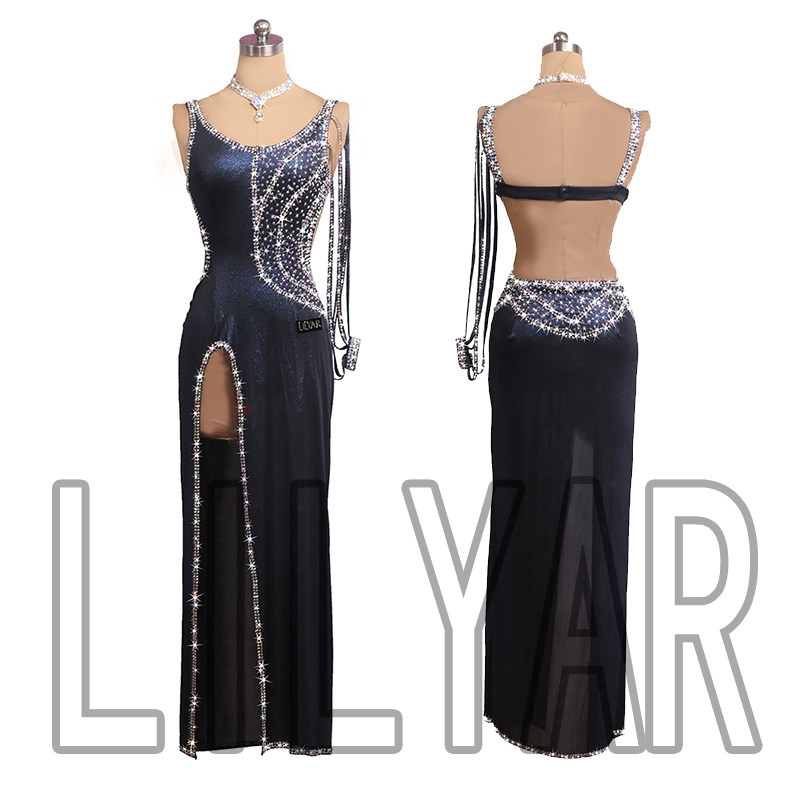 新款肚皮舞拉丁舞流苏裙比赛服海蓝色修身长裙性感闪钻女士表演服