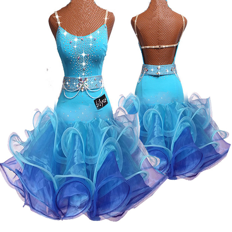 黎丽雅新款拉丁舞比赛服演出服少儿牛仔伦巴湖蓝色流苏款闪钻舞裙