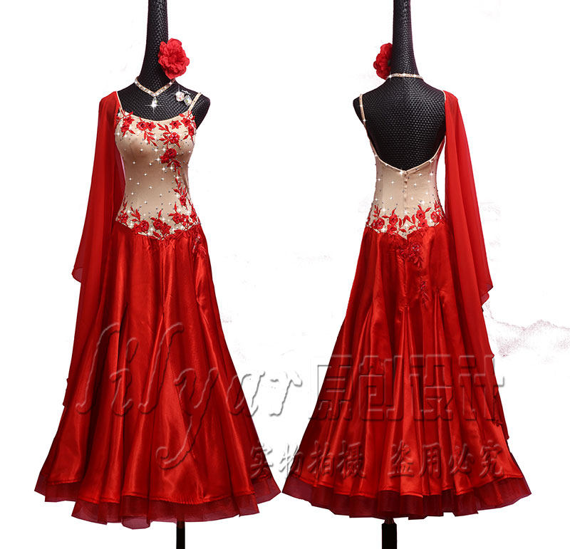 新款摩登舞大摆裙红色鱼骨裙绣花闪钻LILYAR黎丽雅华尔兹